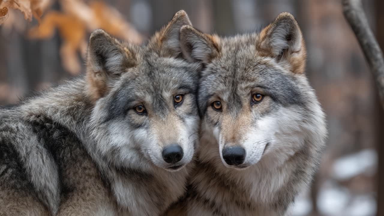 Captivating Moment of Two Wolves Displaying Bonding Behavior in a Serene Forest Setting: A Glimpse into Nature's Wonders and Animal Relationships