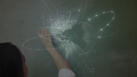 animation of a teacher writing on a blackboard with a glove made of shining dots in the foreground