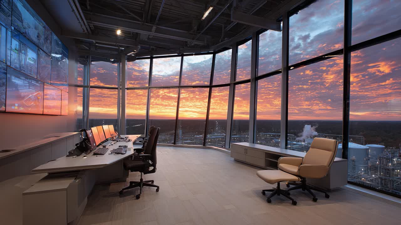 A Stunning View of an Ultramodern Control Room at Sunset, Showcasing Advanced Technology and Panoramic Windows Framing a Colorful Sky and Industrial Landscape