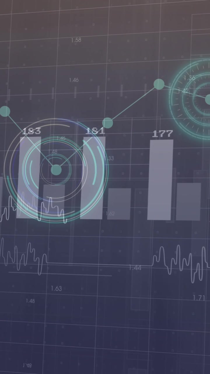 Animation of multiple graphs with changing numbers over loading circles on abstract background