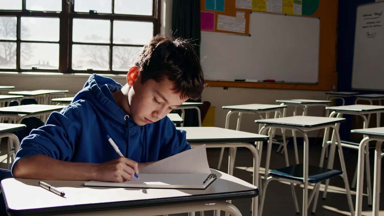 A video still of an empty classroom with sunlight streaming through windows