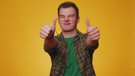 tourist stylish young man in shirt showing thumbs up and nodding in approval, successful good work