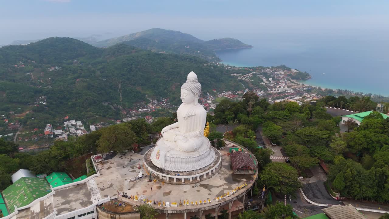 Big Buddha in Phuket — Aerial Drone Orbit — Scenic Coastal View at Sunset