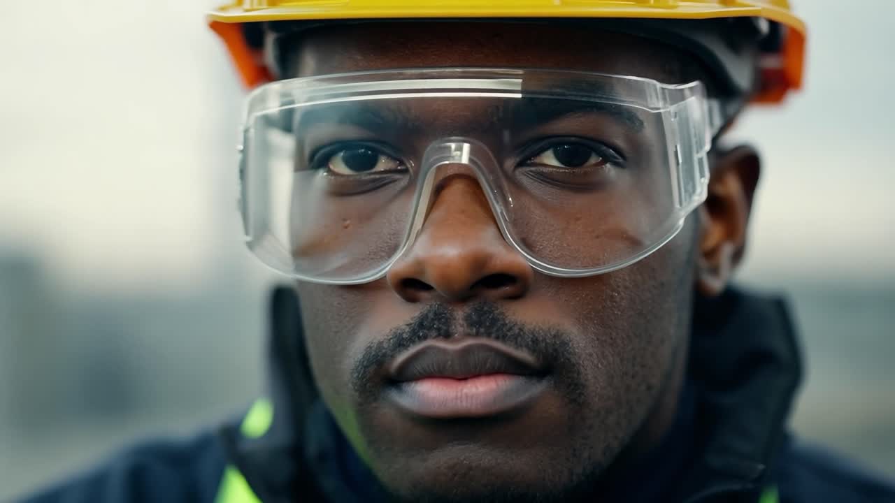 un trabajador de la construcción con un casco y gafas de seguridad mira hacia adelante en un sitio de construcción ocupado
