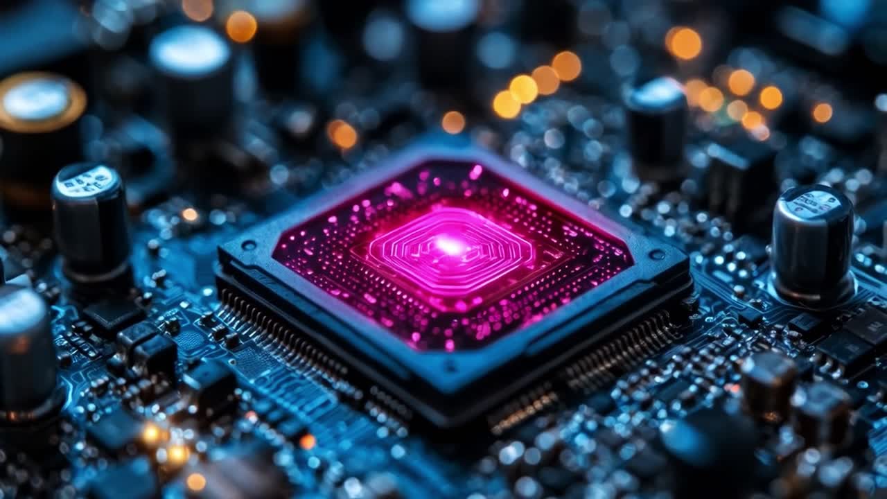 Macro shot of a glowing computer chip on a circuit board