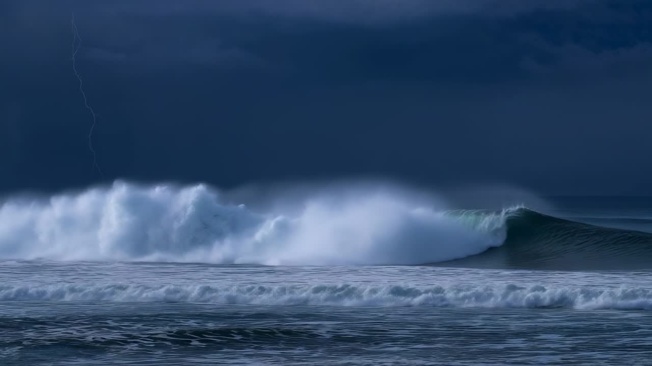 Rising breaking wave curling, spraying foam in stormy surf, being triggered by flickering lightning