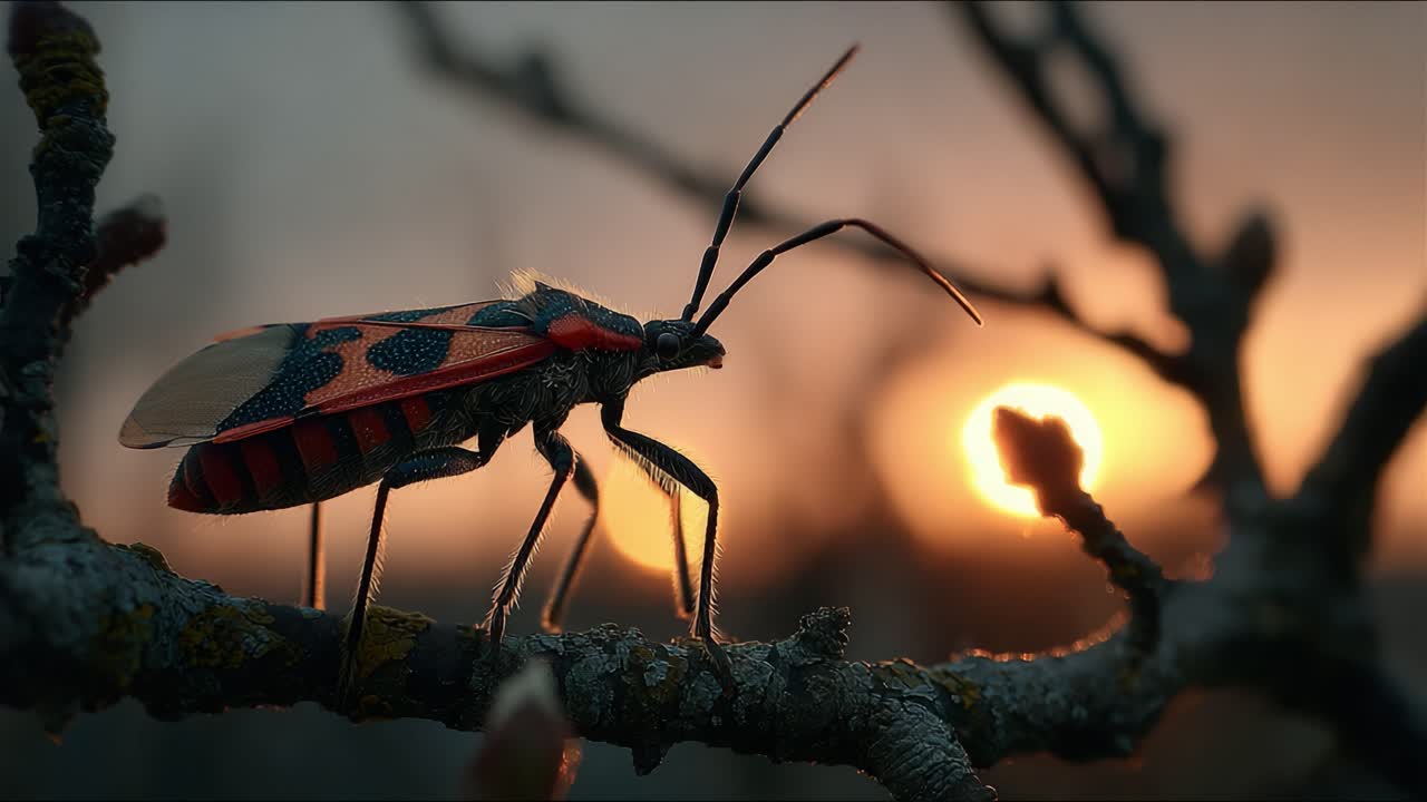 Close-Up of a Vibrantly Colored Insect Perched on a Branch Against a Stunning Sunset Background, Capturing Nature's Beauty and Intricacies