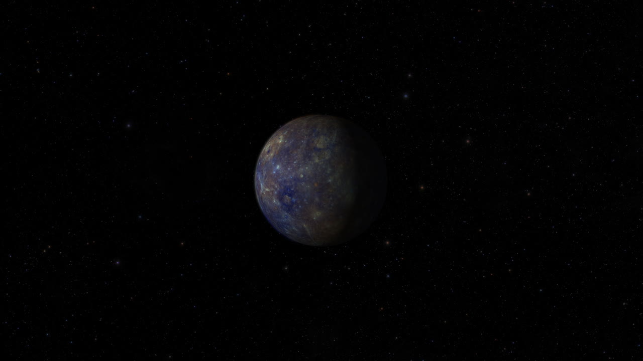 CGI composite: planet Mercury rotating, center-wide shot, half lit with a starry background