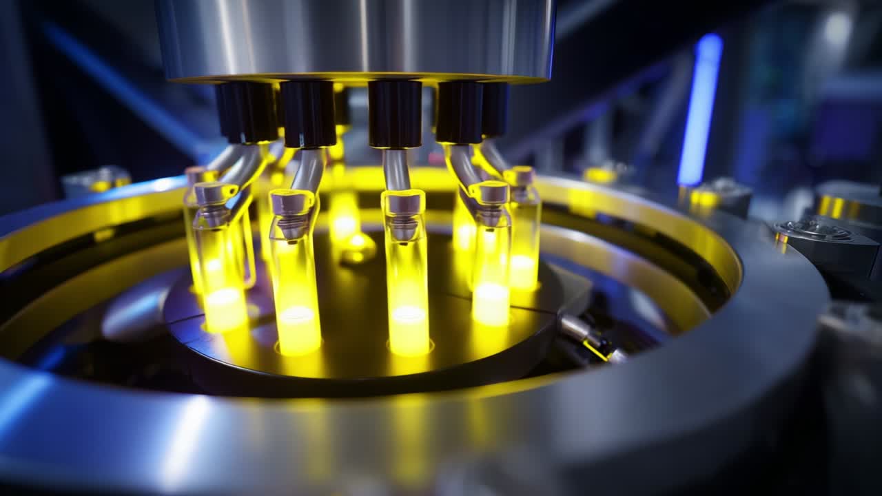 Advanced Laboratory Equipment Featuring a High-Tech Precision Dispensing System, Showcasing Colorful Light Emissions from Fluorescent Tubes in an Innovative Research Environment
