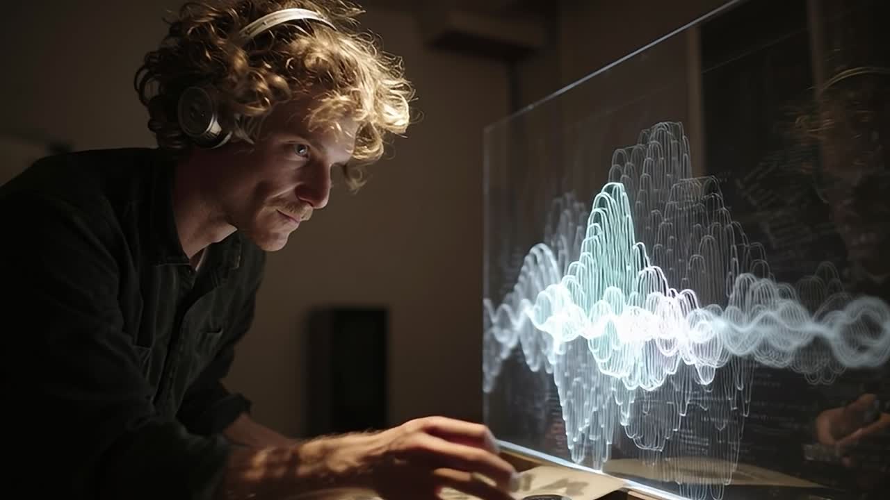 Music producer analyzes sound waves in a creative workspace