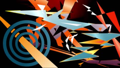 animation of multiple retro abstract shapes moving on red background