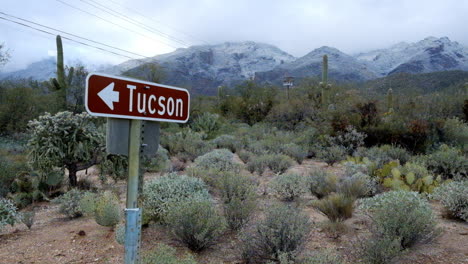 dry land desert landscape with tucson welcome board in the season of winter