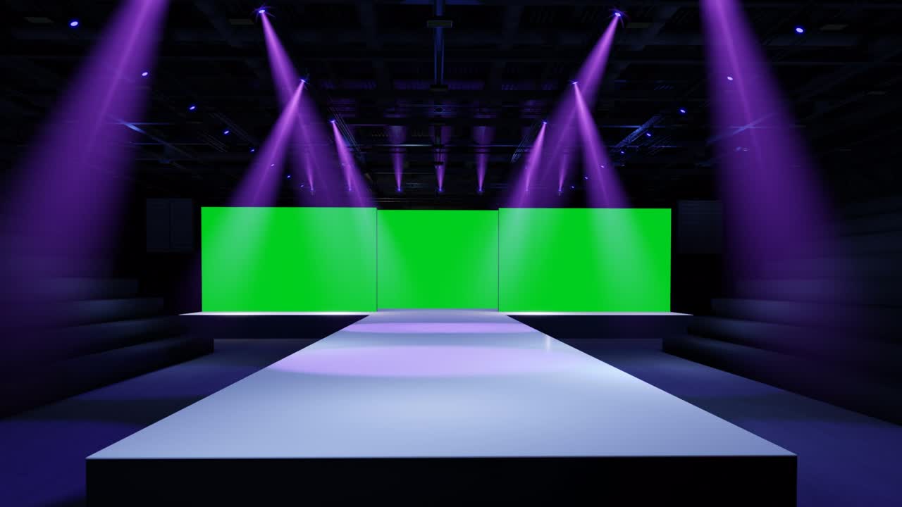 모 및 기업 정체성을위한 모션 빈 무대 디자인, 홀에서 녹색 화면을 표시, 그래픽 자원을위한 빈 화면, 이벤트 장면, 야간 조명 무대, 애니메이션 루프, 4k 3d 렌더링.