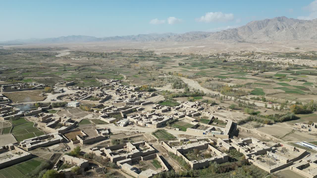 Wardak Aerial drone view, Afghanistan. Drone Aerial View of Farming Fields and Village Homes made from clay and natural building materials, Jalrez Valley
