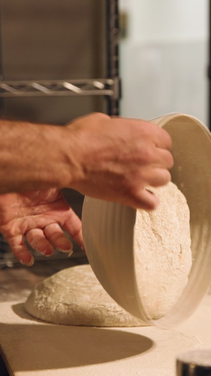 Baker's Hands Dusting Bowl and Turning Out Fresh Bread Dough