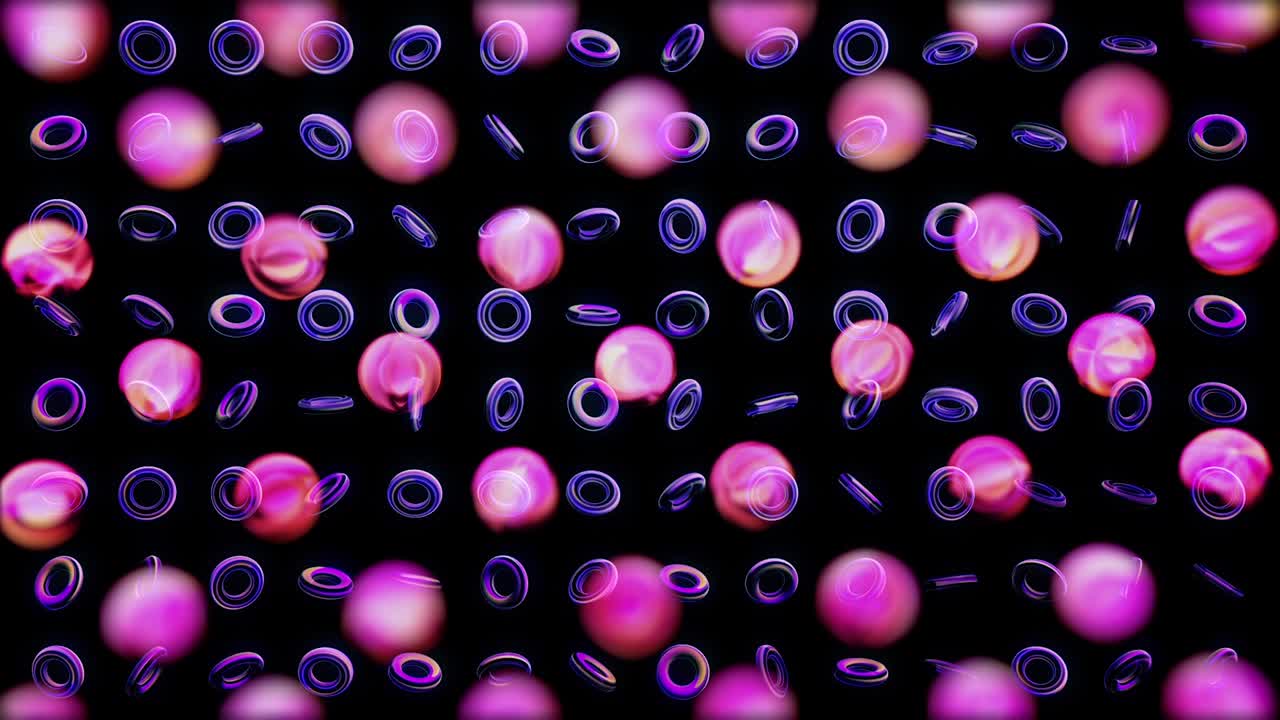 Abstract rows of rotating small rings and blurred circles on black background, seamless loop. Animation. Bokeh background and spinning purple rings.