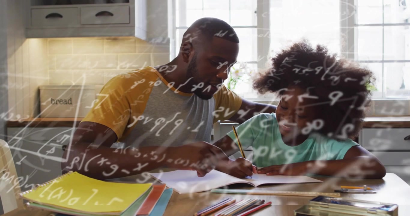 Man opening math book guiding child solving problem in kitchen with transparent geometric overlay