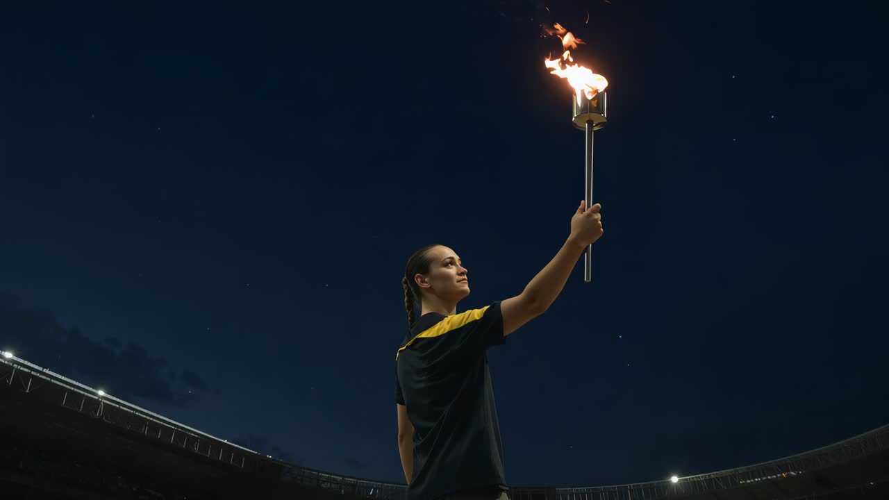 Growing flame, woman torchbearer raising two-handled torch in stadium at night in yellow shirt