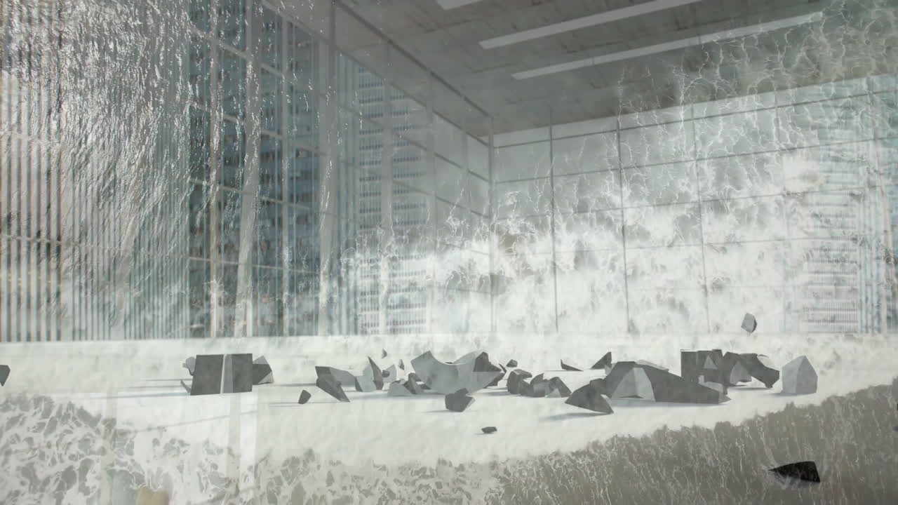 Water crashing through glass windows in modern office building animation scene