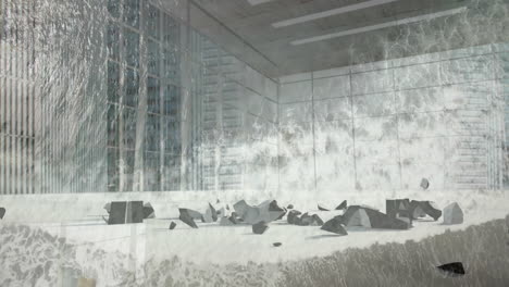water crashing through glass windows in modern office building animation scene