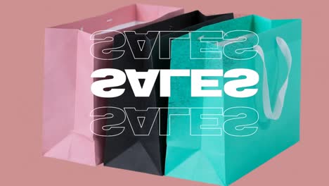 animación de múltiples ventas texto blanco con bolsas de compras en fondo rosa