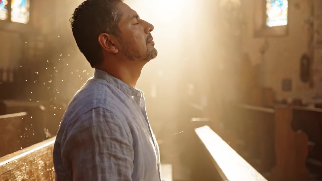 A Reflective Moment in a Serene Church: A Man Contemplating Life's Challenges bathed in Glorious Light while Sitting on a Pew in Peaceful Meditation