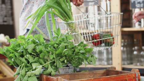 close up of young couple buying fresh fruit and vegetables in sustainable plastic free grocery store