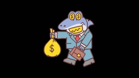 el jefe tiburón sostiene la bolsa de dinero sostiene la maleta y camina. cuadro por cuadro de animación. canal alfa