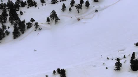 aerial view of lone skier on vast snowy slope with tire tracks from snow groomer, ordino arcalis, andorra