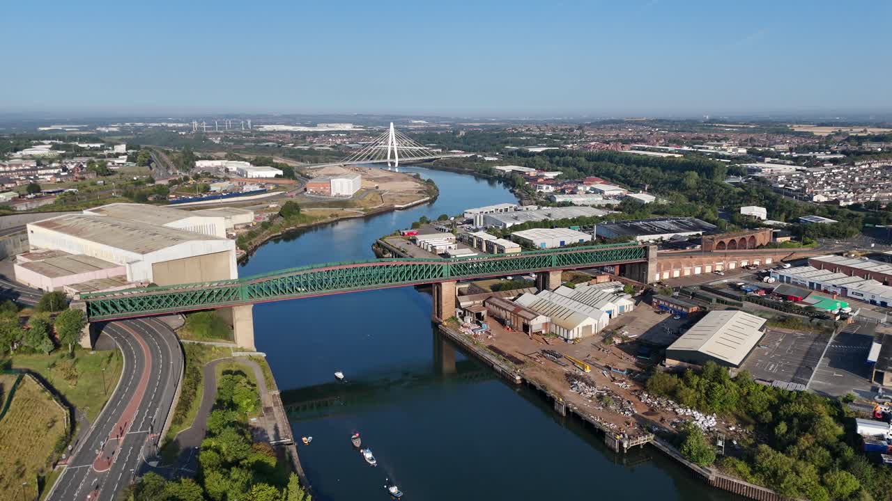 Drone Aerial Footage of Sunderland River with Queen Alexandra and North Spire Bridges on Summer Early Morning