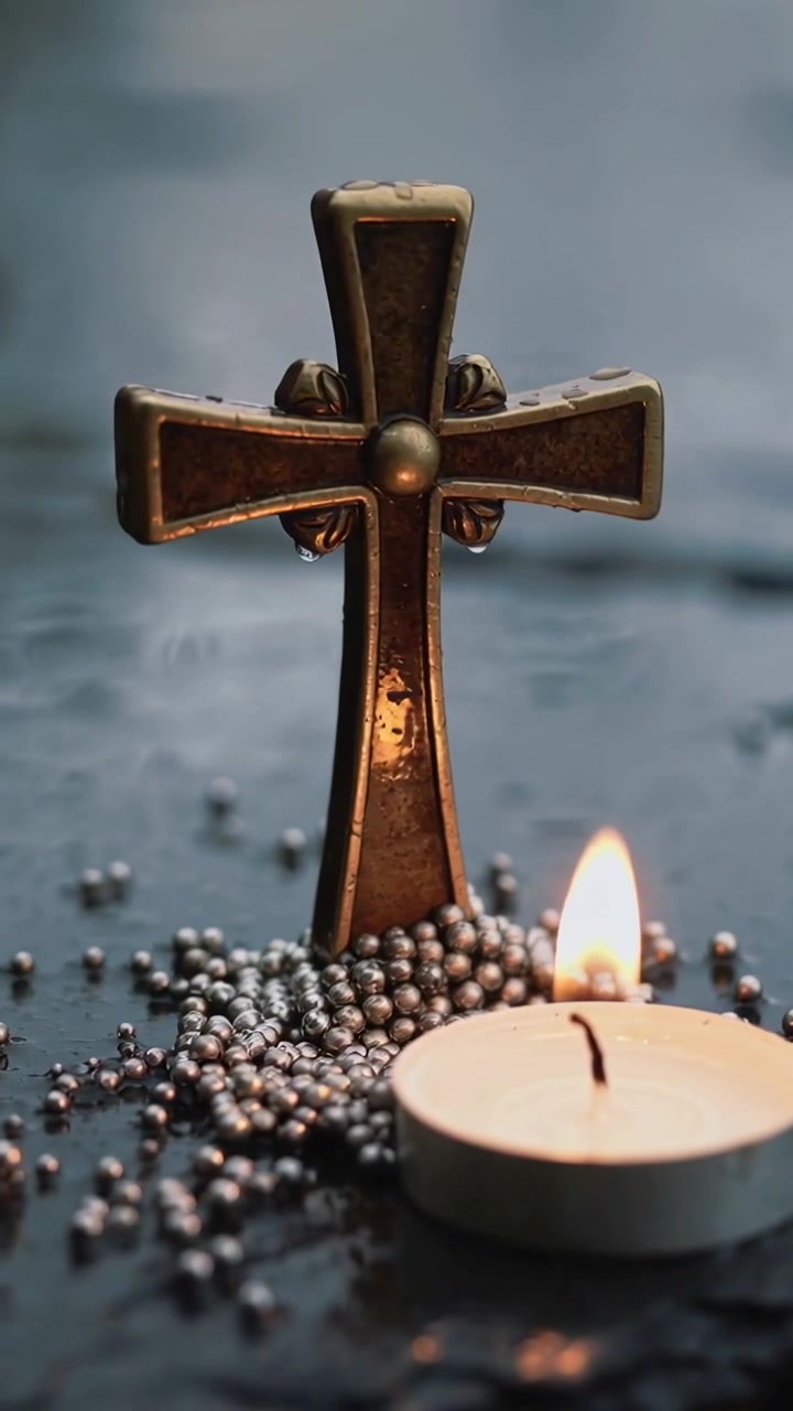 Video verticale: Una croce di ottone che cattura e riflette il tremolio di una candela tealight su un tavolo scuro, con perline.