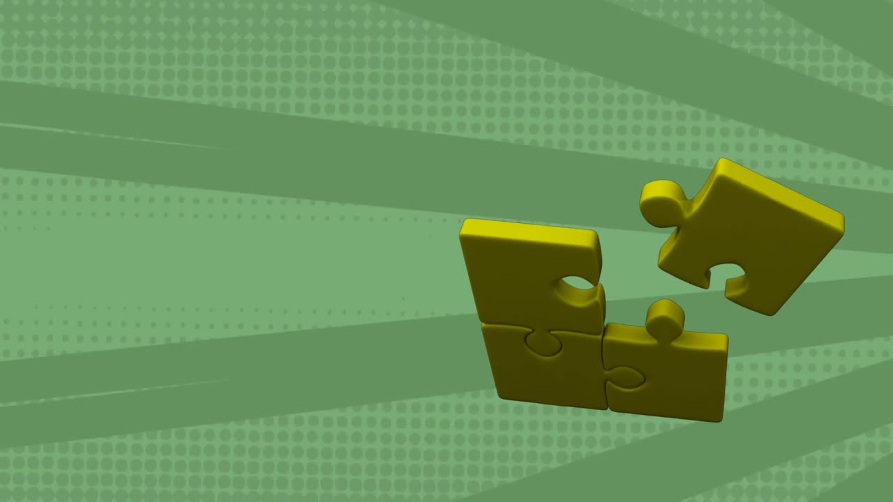 animación de piezas de rompecabezas amarillas sobre rayas giratorias verdes de fondo
