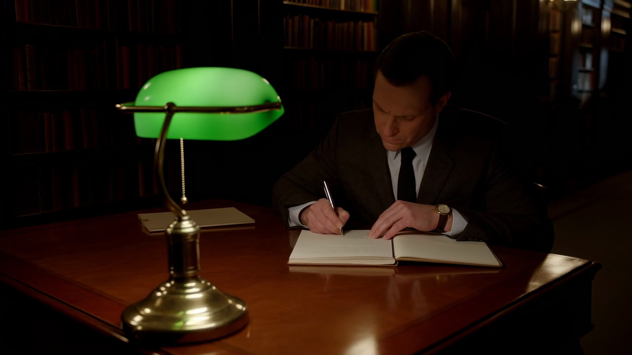 Man In Suit Writing At Desk Under Green Lamp, Quiet Library Setting With Leatherbound Books, Corporate