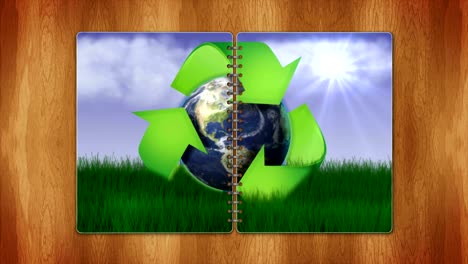 símbolo de reciclaje y tierra, concepto de naturaleza en las páginas del libro, con pantalla azul, bucle