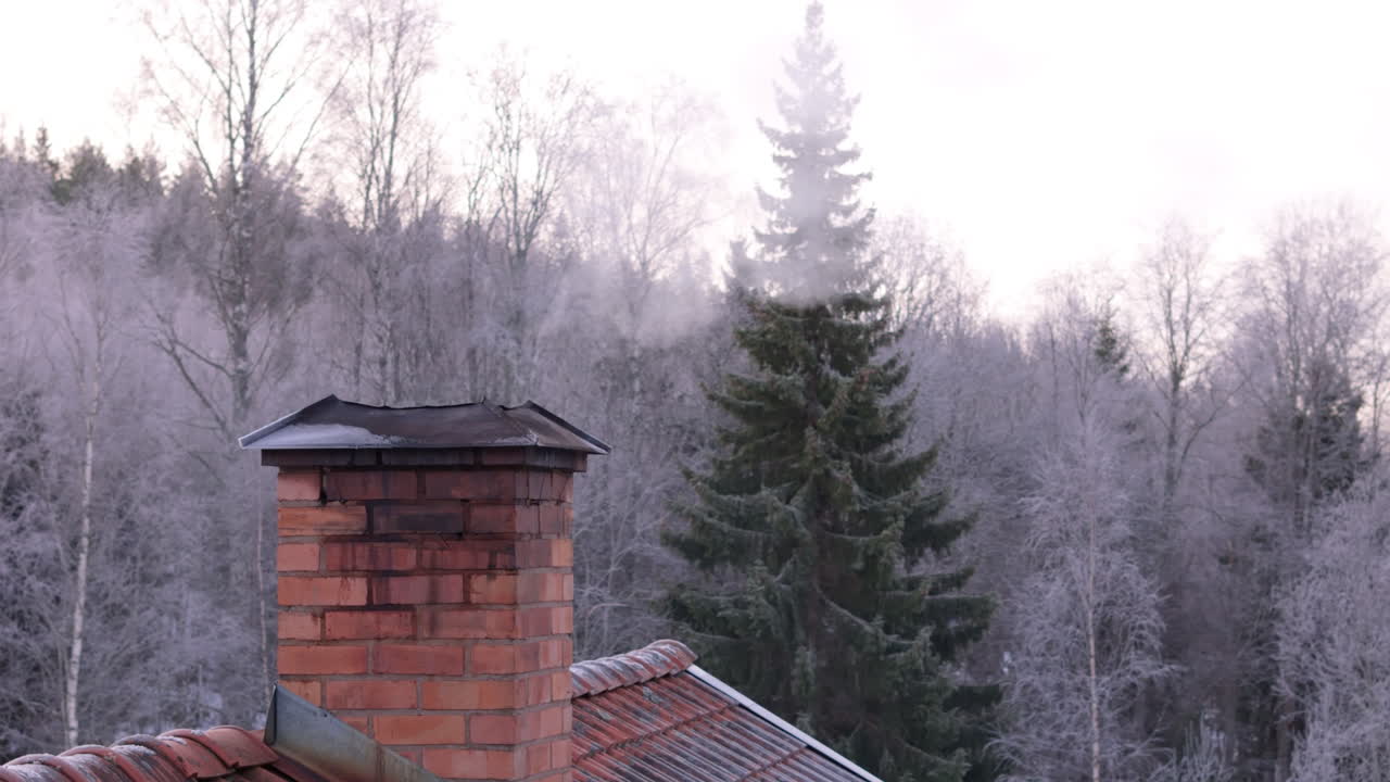 Smoke rises from brick chimney of house in remote woodlands, telephoto aerial