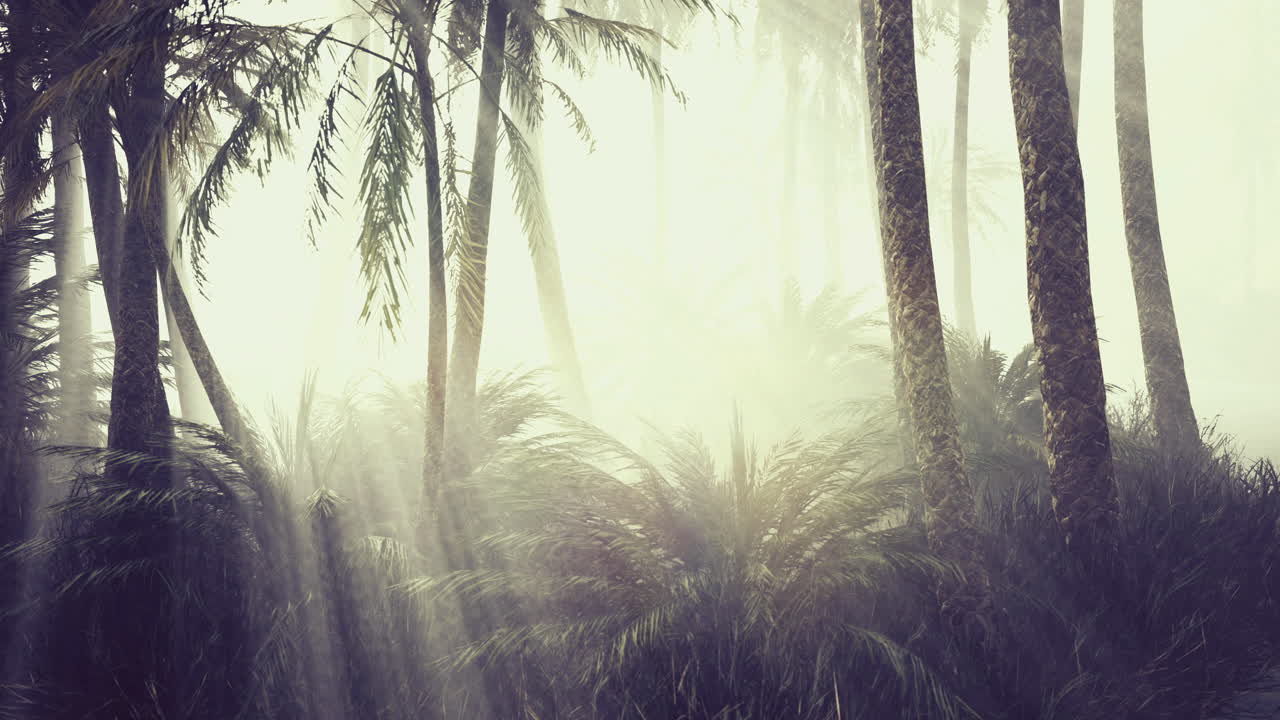 Mysterious rainforest shrouded in fog during early morning hours