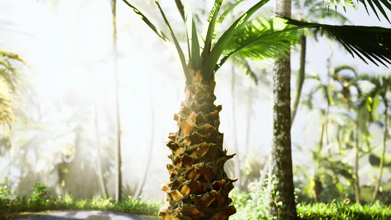 Lush tropical palm tree illuminated by sunlight in a vibrant forest setting