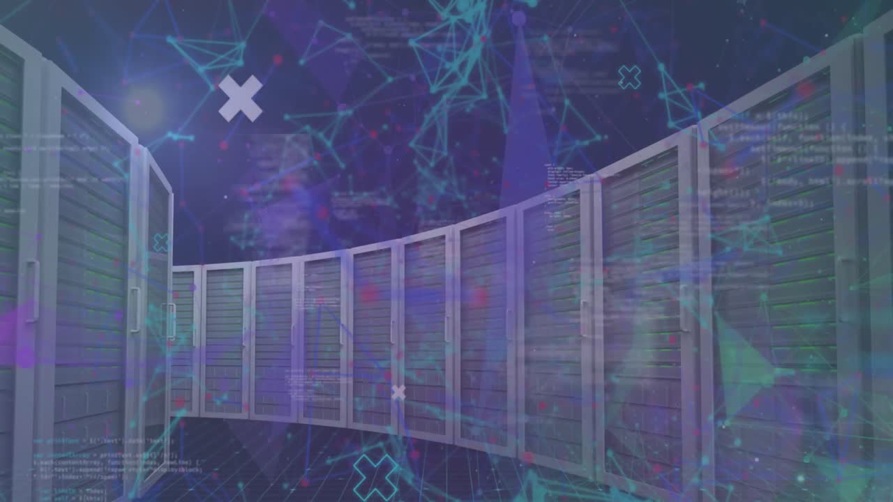 animación del procesamiento de datos, puntos de luz y redes de plexo contra la sala de servidores de computadoras
