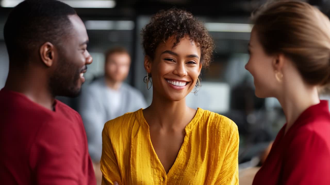 A Joyful Moment Captured: Engaging Conversation Among Friends with Warm Smiles on Their Faces in a Casual Modern Environment, Radiating Positivity and Connection That Inspires Genuine Interactions