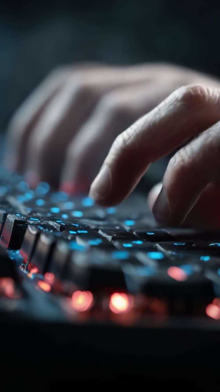 Nærbillede af en hånd, der skriver på et baggrundsbelyst tastatur, som indfanger de indviklede detaljer på tasterne og den omgivende glød, der fremhæver den teknologiske interaktion
