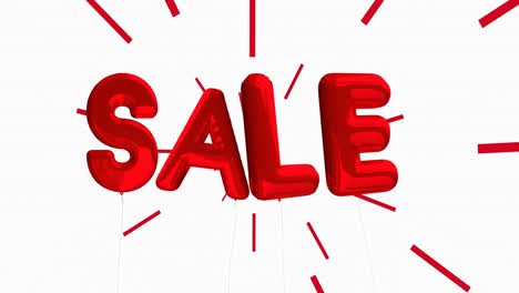 animation of red balloon sale text with red reys on white background