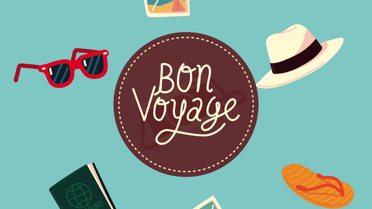 letras de bon voyage con iconos de verano establecidos