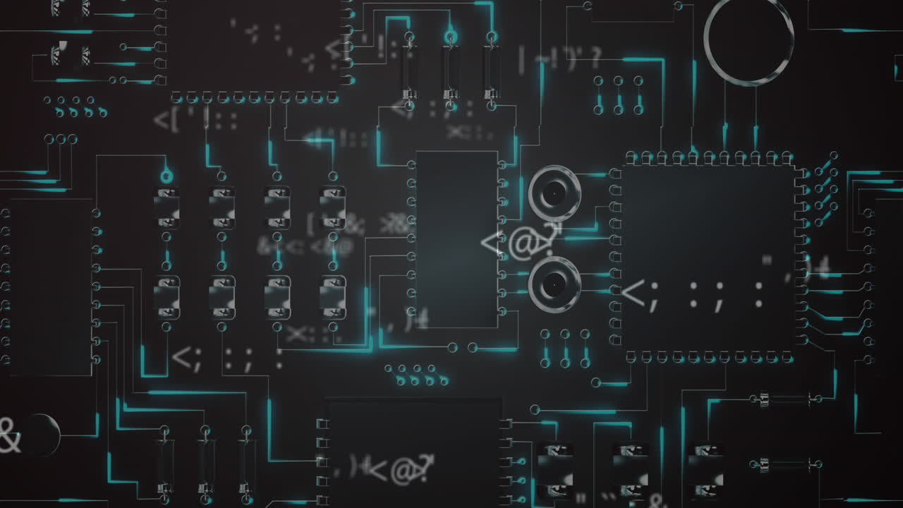 Animation of changing symbols over circuit board in seamless pattern against grey background