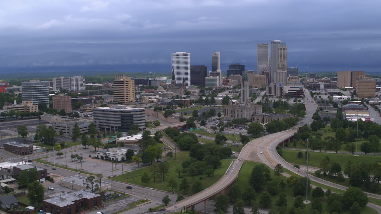 Drone view of Tulsa, Oklahoma downtown cityscape area and metropolitan context