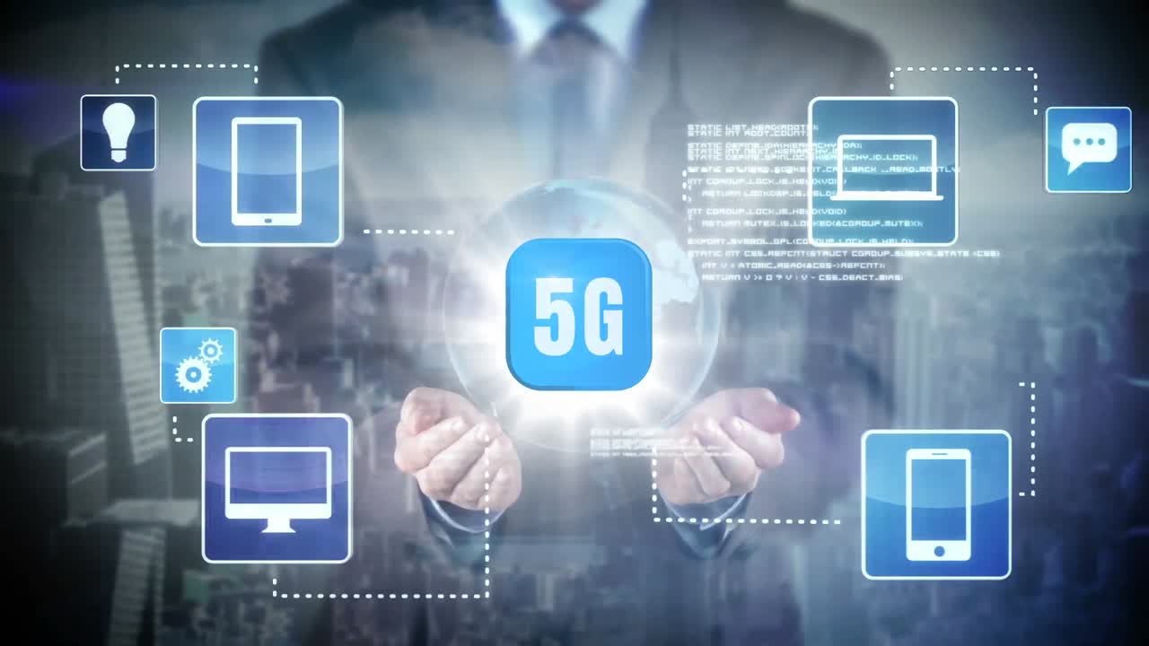 Mid-section of businessman holding 5g button