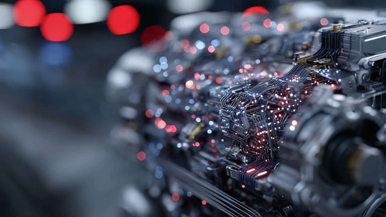 A Close-Up View of an Intricate Engine Circuitry, Showcasing the Blending of Mechanical and Electronic Components Highlighted by Vibrant Lights