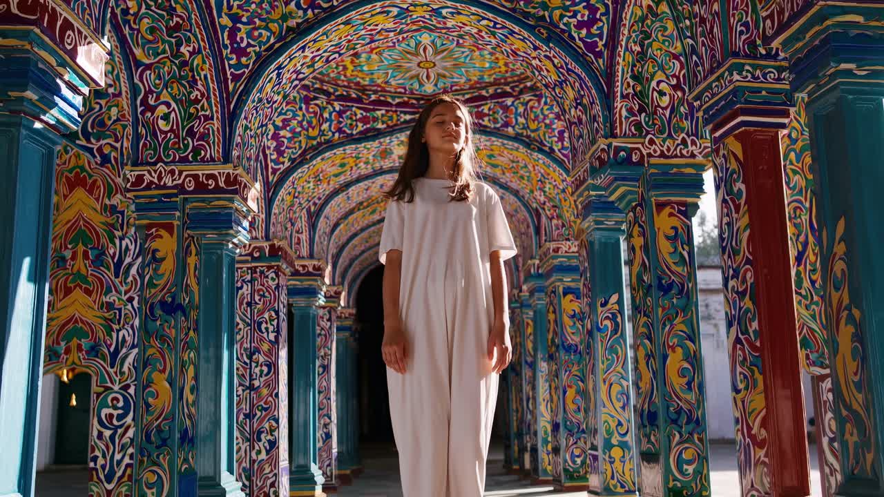 Young woman in flowing white dress walks gracefully through vibrant, intricately designed archway, showcasing the beauty of cultural architecture and serene ambiance