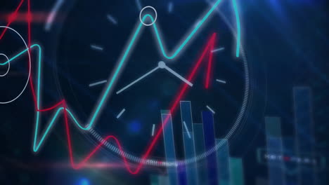 Animation-Der-Datenverarbeitung-Mit-Uhr-über-Einem-Netzwerk-Von-Verbindungen-Auf-Schwarzem-Hintergrund