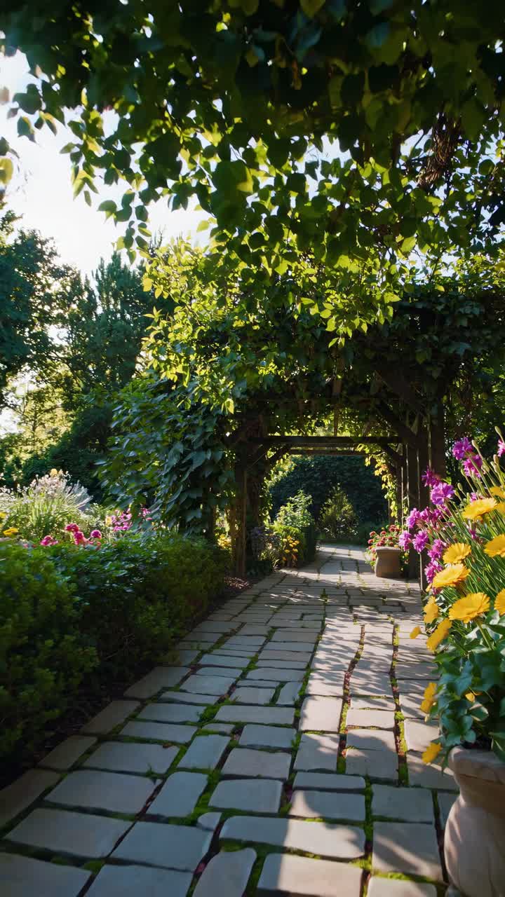 A serene garden path under a vine-covered pergola, captured from a low ...