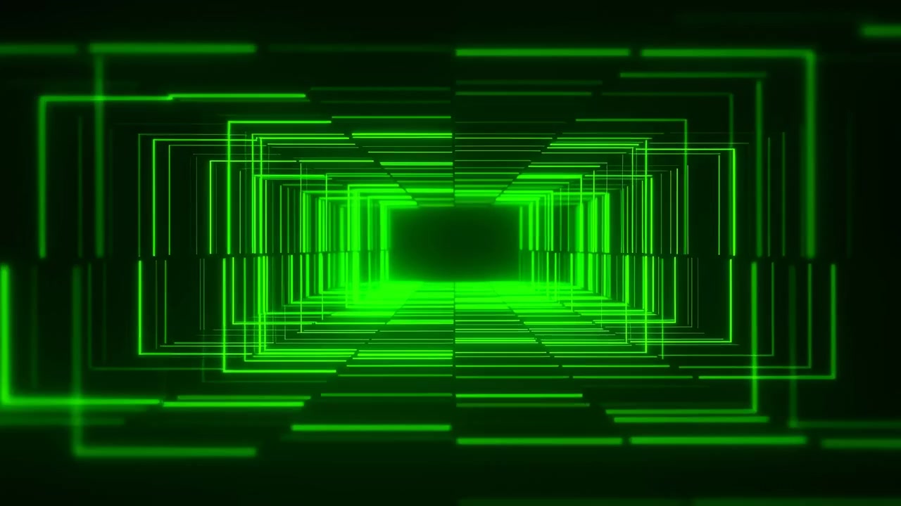 Bright neon green line frames shape symmetrical digital tunnel with compact glowing center, layered rectangular outlines, soft edge blur, and dark surround, creating futuristic tech mood